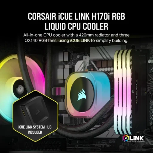 Corsair iCUE LINK H170i RGB Liquid CPU Cooler - QX140 RGB Fans - 420mm Radiator - Fits Intel? LGA 1700; AMD? AM5 - Hub Included