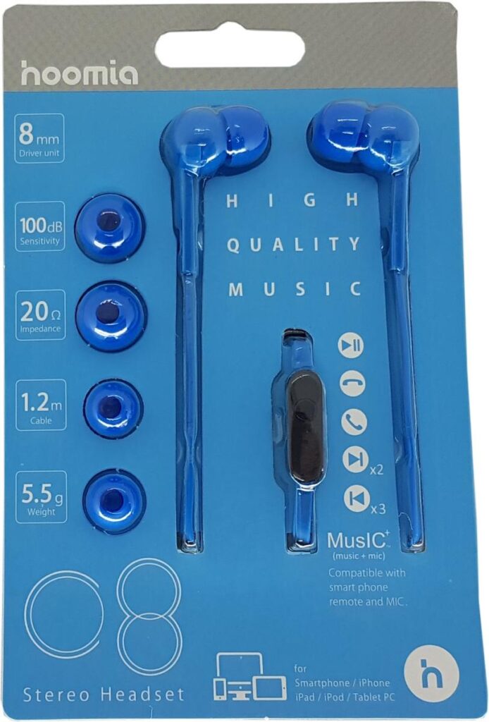 STEREO EARPHONE + MIC BLUE 1.2M