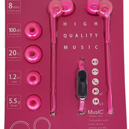 STEREO EARPHONE + MIC HOT PINK 1.2M