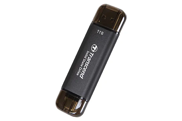 TRANSCEND 256 GB ESD310C USB3.2 TYPE A & C (USB 10Gbps) OTG COMPACT PORTABLE SSD - Read 1050MB/s Write 950 MB/s - Black