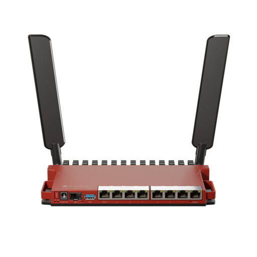 MikroTik L009UiGS-2HaxD, 8x GB LAN, 1x 2.5 GB SFP port, 2.4 GHz 802.11b/g/n/ax dual-chain wireless, 4dBi 2.4GHz external antennas, USB, desktop case, PSU