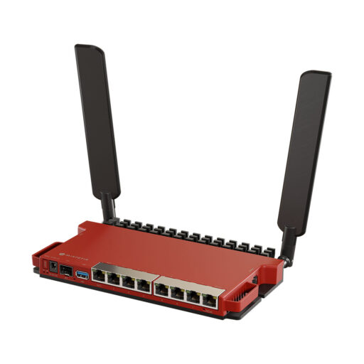 MikroTik L009UiGS-2HaxD, 8x GB LAN, 1x 2.5 GB SFP port, 2.4 GHz 802.11b/g/n/ax dual-chain wireless, 4dBi 2.4GHz external antennas, USB, desktop case, PSU