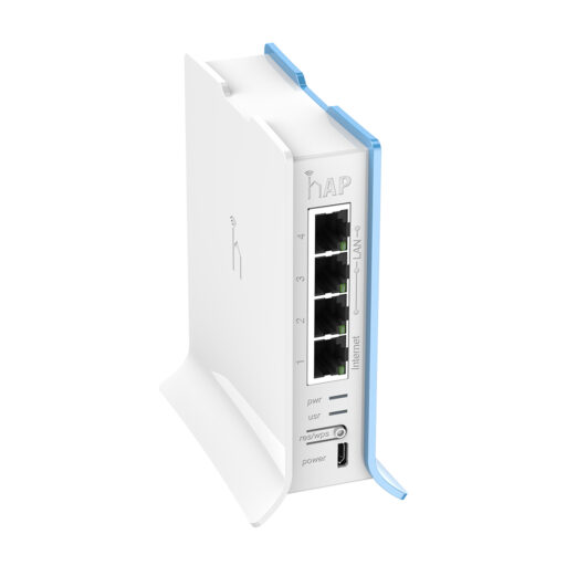 MikroTik hAP lite, 4x LAN, built-in 2.4GHz 802.11b/g/n 2x2 two chain wireless with integrated antennas, tower case, PSU