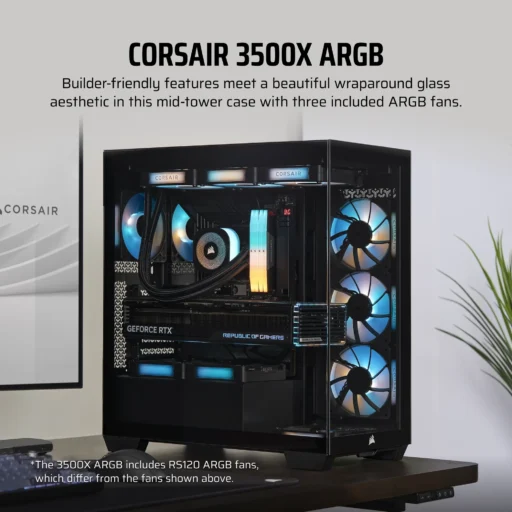 3500X RGB Mid-Tower Black PC Case; 2x 3.5'' | 2x 2.5'' Drive Bays; Up to 360mm Radiator compatible; 3x 120mm fan incl