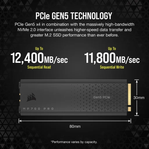 Corsair MP700 PRO 1TB M.2 NVMe PCIe Gen. 5 x4 SSD with Cooler; Read Up To 11 700MB/s; Write up to 9600MB/s