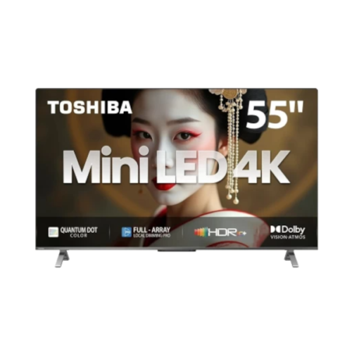Front cinematic view of the Toshiba 55 Inch Mini LED UHD Smart TV showcasing vibrant Quantum Dot colours and ultra thin bezels.